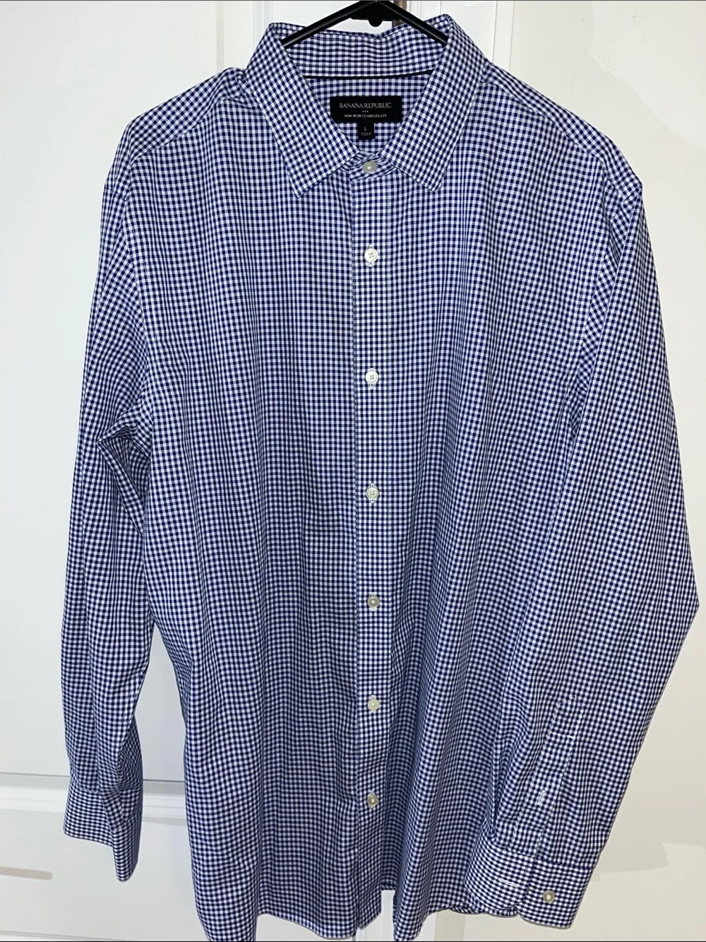 Blue White Non Iron Gingham Check Plaid Banana Republic LS Shirt L STD Fit Men’s